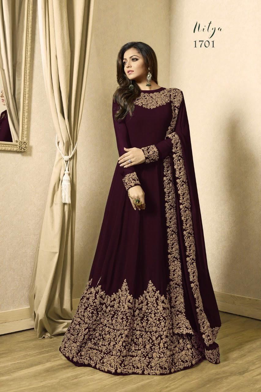 Color : BrownSet Content : 1 Top :: 1 Bottom :: 1 DupattaFabrics : Top Fabric :Georgette Bottom Fabric : Santoon Dupatta Fabric :Nazmeen | Anarkali Suits, Bollywood Anarkali, Creative-Anarkali, Designer Anarkali, Embroidered Anarkali, Party Wear Anarkali