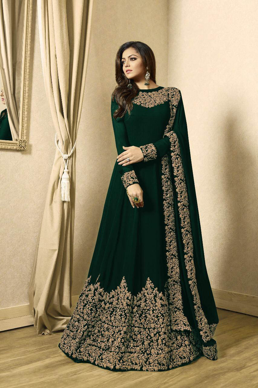 Color : Dark GreenSet Content : 1 Top :: 1 Bottom :: 1 DupattaFabrics : Top Fabric :Georgette Bottom Fabric : Santoon Dupatta Fabric :Nazmeen | Anarkali Suits, Bollywood Anarkali, Creative-Anarkali, Designer Anarkali, Embroidered Anarkali, Party Wear Anarkali