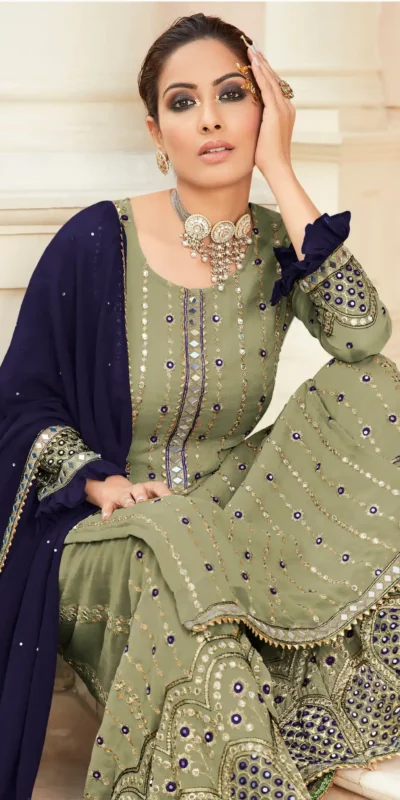 FC 9704 Green Blue Top : Georgette Work : Embroidery Work, Mirror Work Wedding, Festive, Events Black Georgette Embroidered Sharara @2099 | Casual Suits, Creative suits, Designer Suits, Palazzo Suits, Party Wear Suits, Salwar suit, Straight Suits
