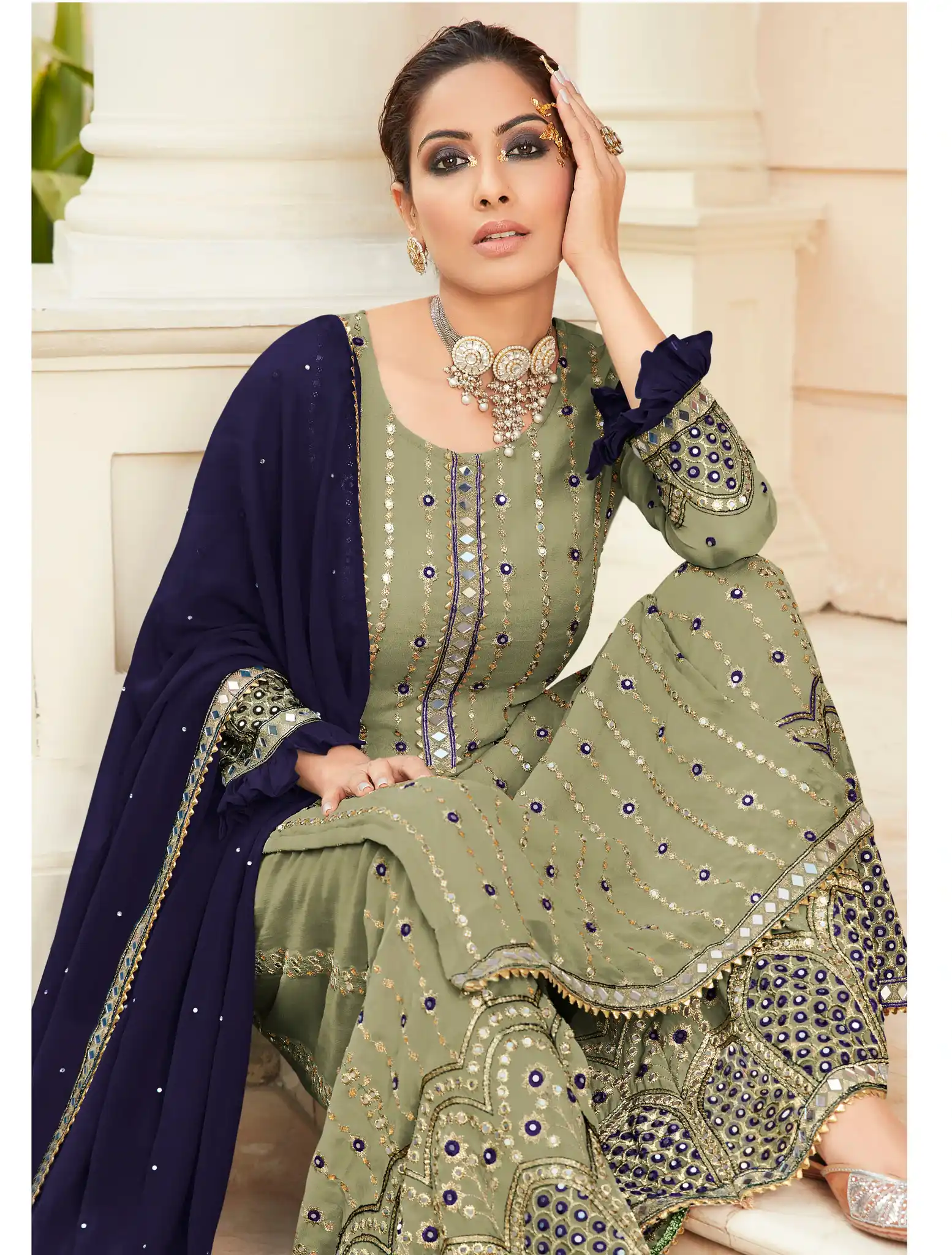 FC 9704 Green Blue Top : Georgette Work : Embroidery Work, Mirror Work Wedding, Festive, Events Black Georgette Embroidered Sharara @2099 | Casual Suits, Creative suits, Designer Suits, Palazzo Suits, Party Wear Suits, Salwar suit, Straight Suits