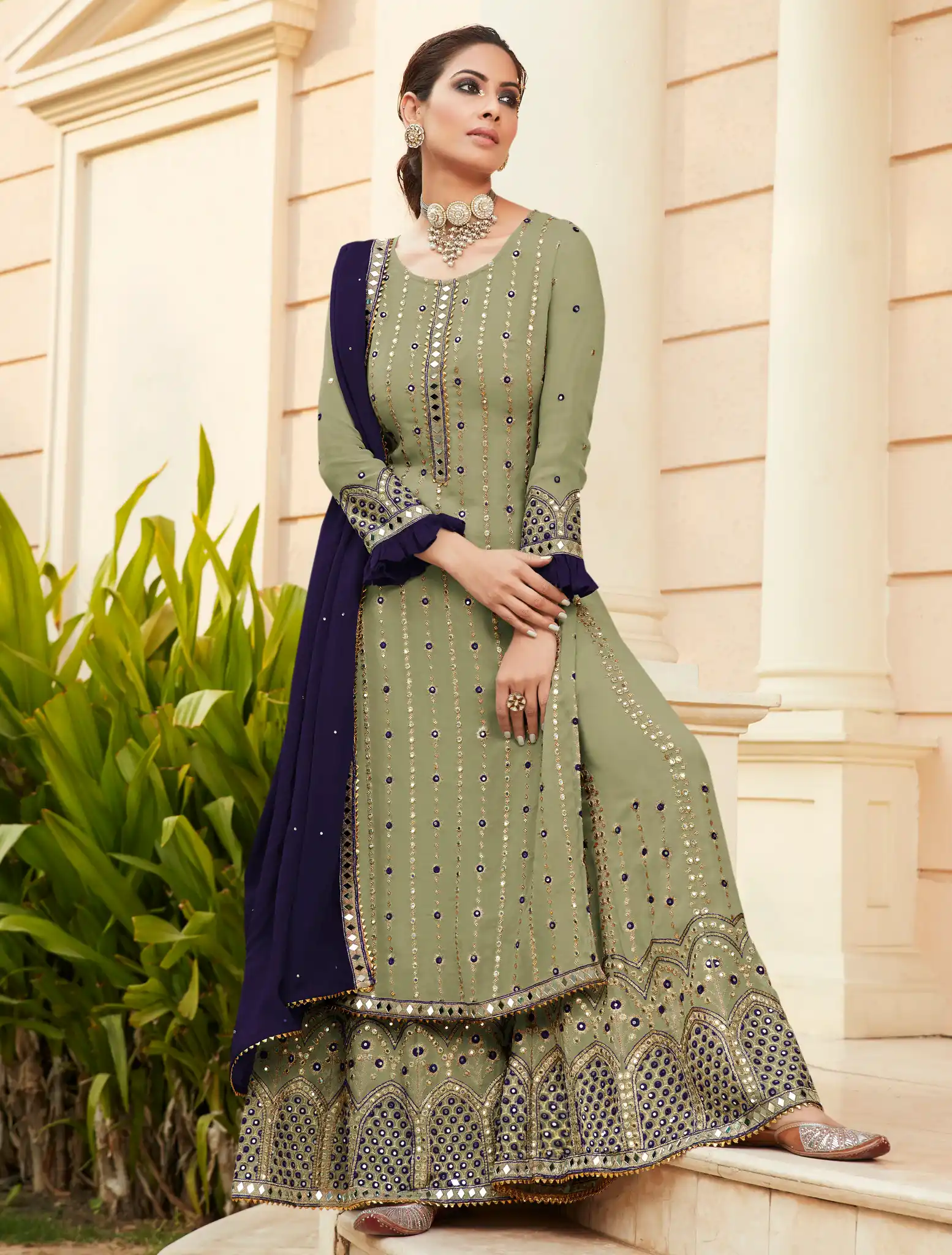 FC 9704 Green Blue Top : Georgette Work : Embroidery Work, Mirror Work Wedding, Festive, Events Black Georgette Embroidered Sharara @2099 | Casual Suits, Creative suits, Designer Suits, Palazzo Suits, Party Wear Suits, Salwar suit, Straight Suits