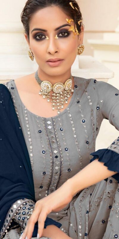 FC 9704 Grey Blue Top : Georgette Work : Embroidery Work, Mirror Work Wedding, Festive, Events Black Georgette Embroidered Sharara @2099 | Casual Suits, Creative suits, Designer Suits, Palazzo Suits, Party Wear Suits, Salwar suit, Straight Suits