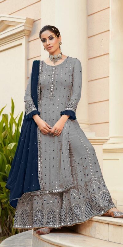 FC 9704 Grey Blue Top : Georgette Work : Embroidery Work, Mirror Work Wedding, Festive, Events Black Georgette Embroidered Sharara @2099 | Casual Suits, Creative suits, Designer Suits, Palazzo Suits, Party Wear Suits, Salwar suit, Straight Suits