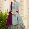 Light Blue Georgette Embroidered Sharara Suit With Real Mirror Work