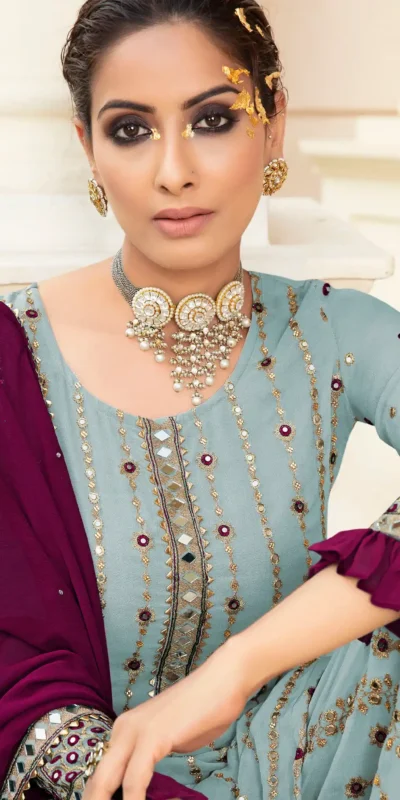 FC 9704 Light Blue Top : Georgette Work : Embroidery Work, Mirror Work Wedding, Festive, Events Black Georgette Embroidered Sharara @2099 | Casual Suits, Creative suits, Designer Suits, Palazzo Suits, Party Wear Suits, Salwar suit, Straight Suits