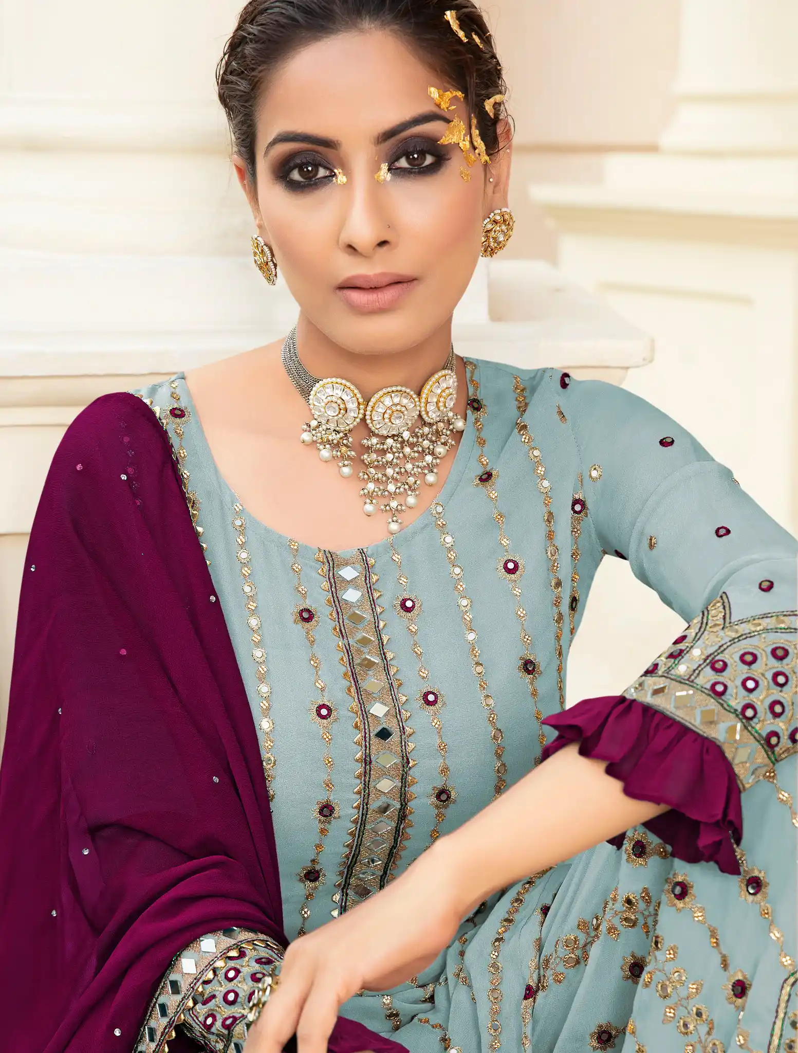 FC 9704 Light Blue Top : Georgette Work : Embroidery Work, Mirror Work Wedding, Festive, Events Black Georgette Embroidered Sharara @2099 | Casual Suits, Creative suits, Designer Suits, Palazzo Suits, Party Wear Suits, Salwar suit, Straight Suits