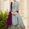 Light Blue Georgette Embroidered Sharara Suit With Real Mirror Work