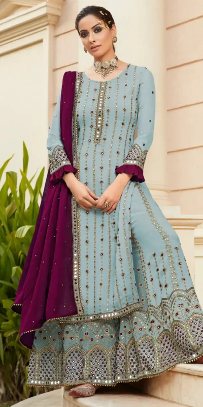 FC 9704 Light Blue Top : Georgette Work : Embroidery Work, Mirror Work Wedding, Festive, Events Black Georgette Embroidered Sharara @2099 | Casual Suits, Creative suits, Designer Suits, Palazzo Suits, Party Wear Suits, Salwar suit, Straight Suits
