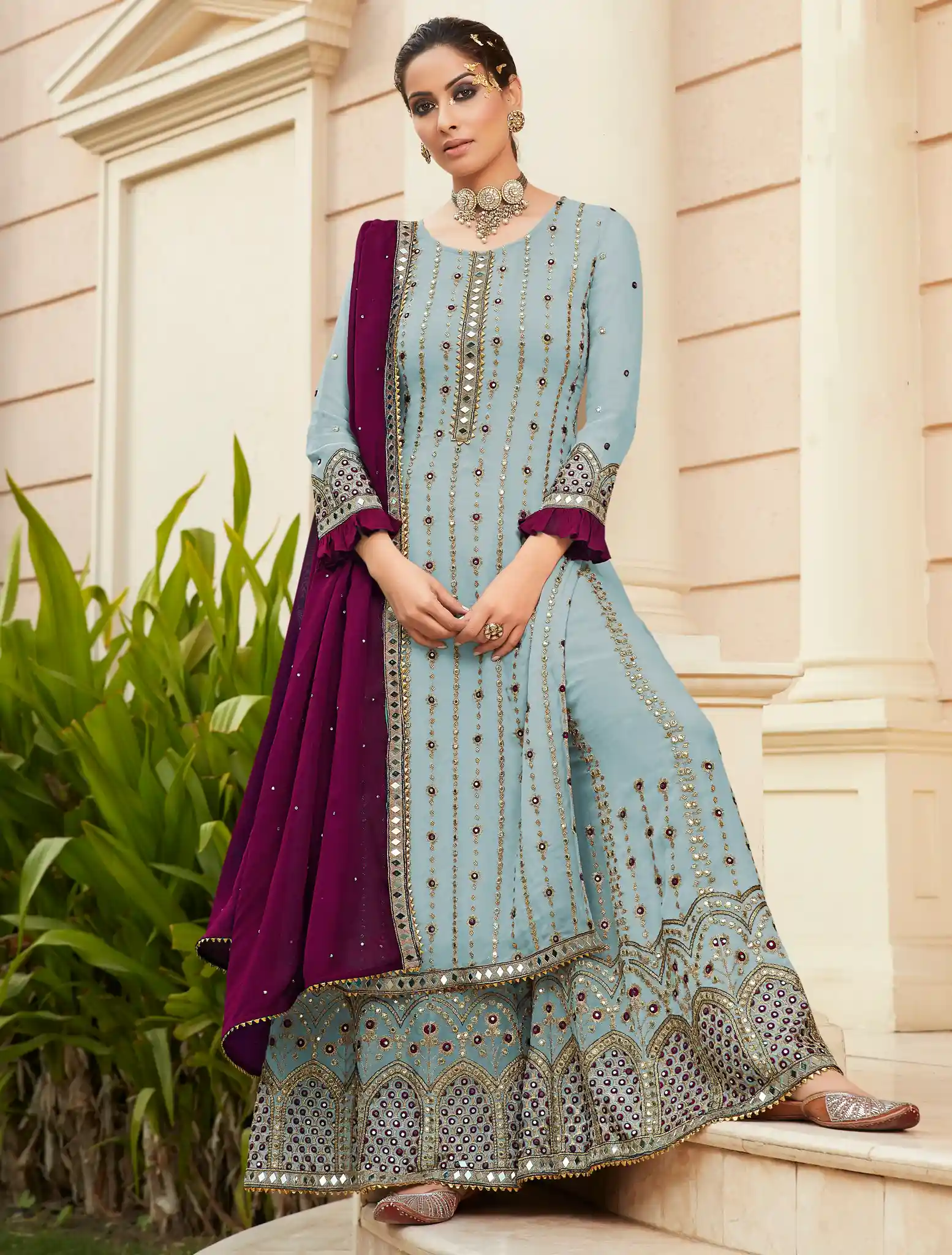FC 9704 Light Blue Top : Georgette Work : Embroidery Work, Mirror Work Wedding, Festive, Events Black Georgette Embroidered Sharara @2099 | Casual Suits, Creative suits, Designer Suits, Palazzo Suits, Party Wear Suits, Salwar suit, Straight Suits