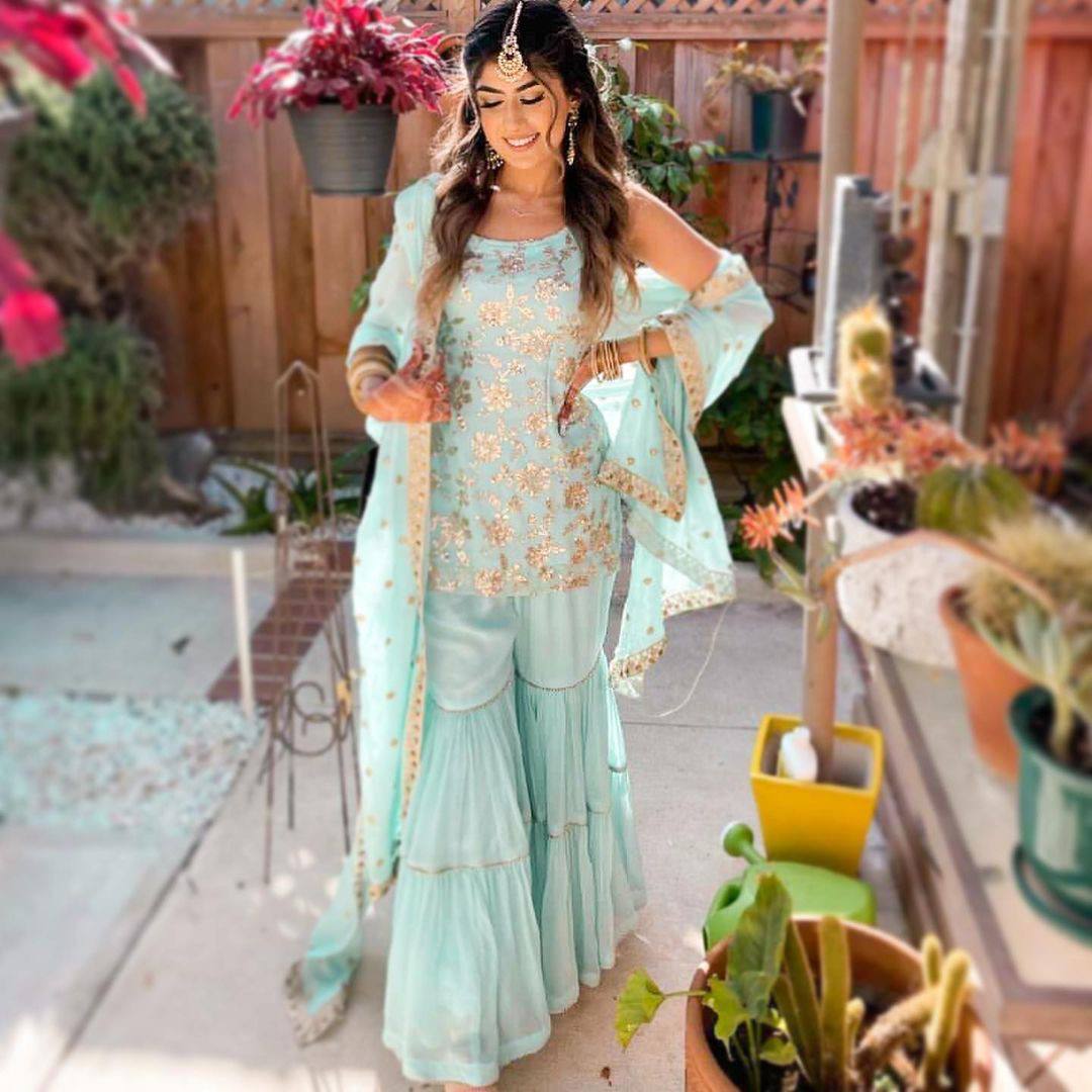 SSR 238 Sky Blue Top : Faux Georgette Work : Embroidery Sequence Work Wedding, Festive, Events Sky Blue Color Sharara @1899/- | Casual Suits, Creative suits, Designer Suits, Palazzo Suits, Party Wear Suits, Salwar suit, Straight Suits