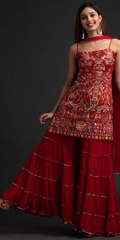 NSR 1301 Red Top : Georgette Work : Heavy Embroidery With Real Mirror Work Sharara : Georgette Wedding, Party, Festive, Events @1849/- | Casual Suits, Creative suits, Designer Suits, Palazzo Suits, Party Wear Suits, Salwar suit, Straight Suits