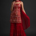 NSR 1301 Red Top : Georgette Work : Heavy Embroidery With Real Mirror Work Sharara : Georgette Wedding, Party, Festive, Events @1849/- | Casual Suits, Creative suits, Designer Suits, Palazzo Suits, Party Wear Suits, Salwar suit, Straight Suits