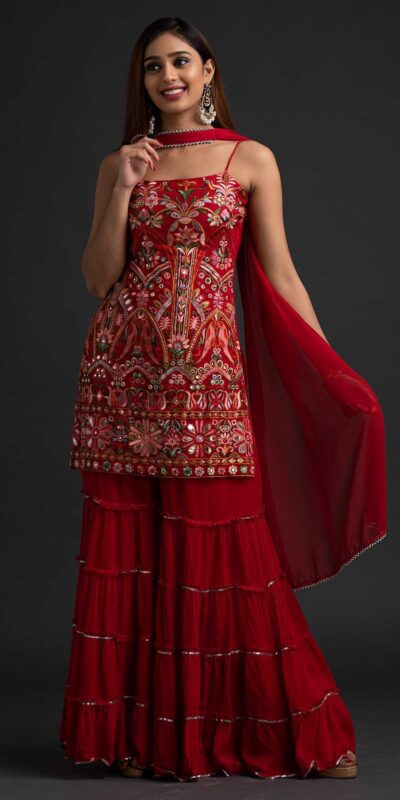 NSR 1301 Red Top : Georgette Work : Heavy Embroidery With Real Mirror Work Sharara : Georgette Wedding, Party, Festive, Events @1849/- | Casual Suits, Creative suits, Designer Suits, Palazzo Suits, Party Wear Suits, Salwar suit, Straight Suits