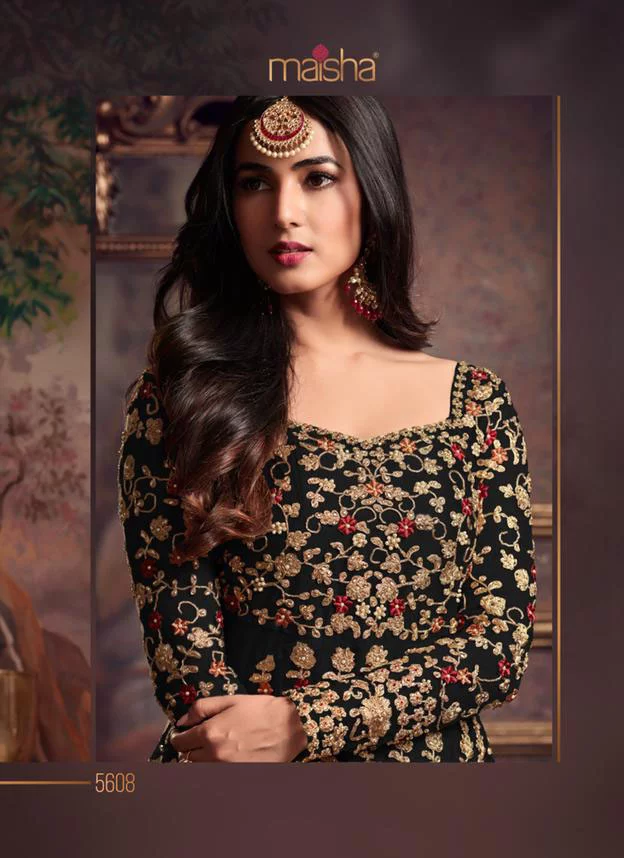 Maisha 5608 Black Top : Heavy Net Work : Heavy Embroidery Coding With Diamond Work Bottom : Santoon Wedding, Party, Festive @3299/- | Anarkali Suits, Bollywood Anarkali, Creative-Anarkali, Designer Anarkali, Embroidered Anarkali, Party Wear Anarkali
