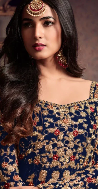 Maisha 5608 Blue Top : Heavy Net Work : Heavy Embroidery Coding With Diamond Work Bottom : Santoon Wedding, Party, Festive @3299/- | Anarkali Suits, Bollywood Anarkali, Creative-Anarkali, Designer Anarkali, Embroidered Anarkali, Party Wear Anarkali