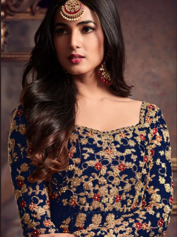 Maisha 5608 Blue Top : Heavy Net Work : Heavy Embroidery Coding With Diamond Work Bottom : Santoon Wedding, Party, Festive @3299/- | Anarkali Suits, Bollywood Anarkali, Creative-Anarkali, Designer Anarkali, Embroidered Anarkali, Party Wear Anarkali