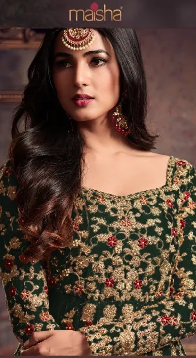 Maisha 5608 Green Top : Heavy Net Work : Heavy Embroidery Coding With Diamond Work Bottom : Santoon Wedding, Party, Festive @3299/- | Anarkali Suits, Bollywood Anarkali, Creative-Anarkali, Designer Anarkali, Embroidered Anarkali, Party Wear Anarkali