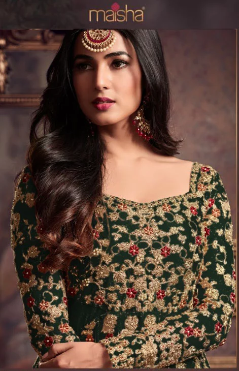 Maisha 5608 Green Top : Heavy Net Work : Heavy Embroidery Coding With Diamond Work Bottom : Santoon Wedding, Party, Festive @3299/- | Anarkali Suits, Bollywood Anarkali, Creative-Anarkali, Designer Anarkali, Embroidered Anarkali, Party Wear Anarkali