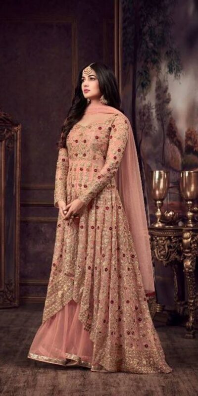 Maisha 5608 Peach Top : Heavy Net Work : Heavy Embroidery Coding With Diamond Work Bottom : Santoon Wedding, Party, Festive @3299/- | Anarkali Suits, Bollywood Anarkali, Creative-Anarkali, Designer Anarkali, Embroidered Anarkali, Party Wear Anarkali
