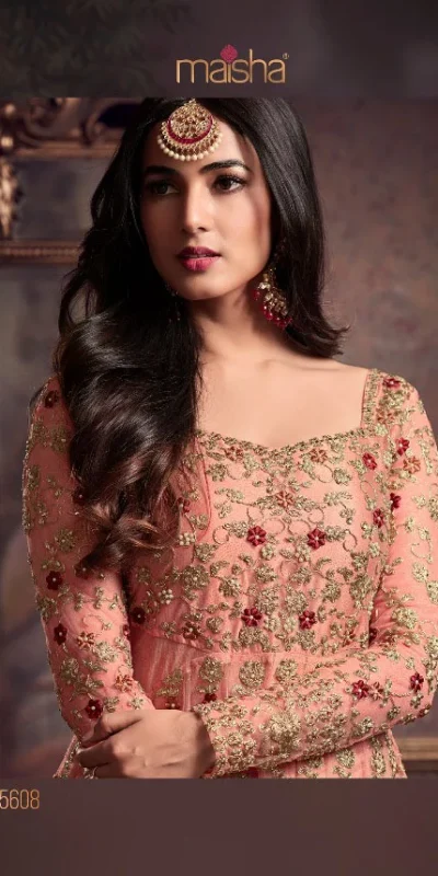 Maisha 5608 Peach Top : Heavy Net Work : Heavy Embroidery Coding With Diamond Work Bottom : Santoon Wedding, Party, Festive @3299/- | Anarkali Suits, Bollywood Anarkali, Creative-Anarkali, Designer Anarkali, Embroidered Anarkali, Party Wear Anarkali