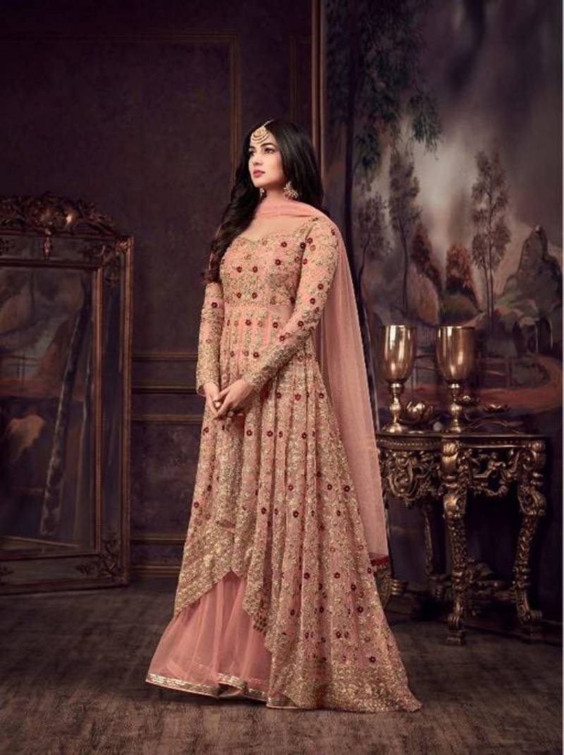 Maisha 5608 Peach Top : Heavy Net Work : Heavy Embroidery Coding With Diamond Work Bottom : Santoon Wedding, Party, Festive @3299/- | Anarkali Suits, Bollywood Anarkali, Creative-Anarkali, Designer Anarkali, Embroidered Anarkali, Party Wear Anarkali
