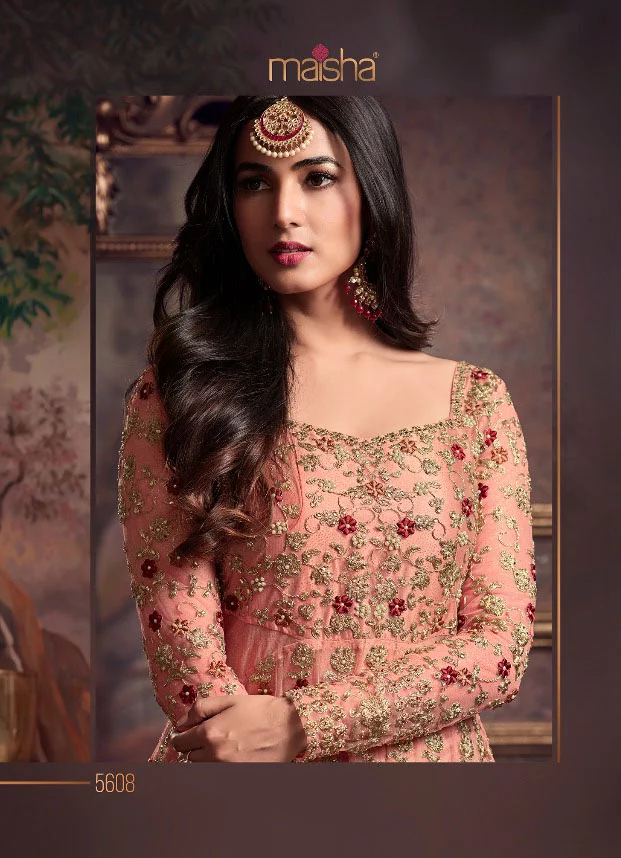 Maisha 5608 Peach Top : Heavy Net Work : Heavy Embroidery Coding With Diamond Work Bottom : Santoon Wedding, Party, Festive @3299/- | Anarkali Suits, Bollywood Anarkali, Creative-Anarkali, Designer Anarkali, Embroidered Anarkali, Party Wear Anarkali