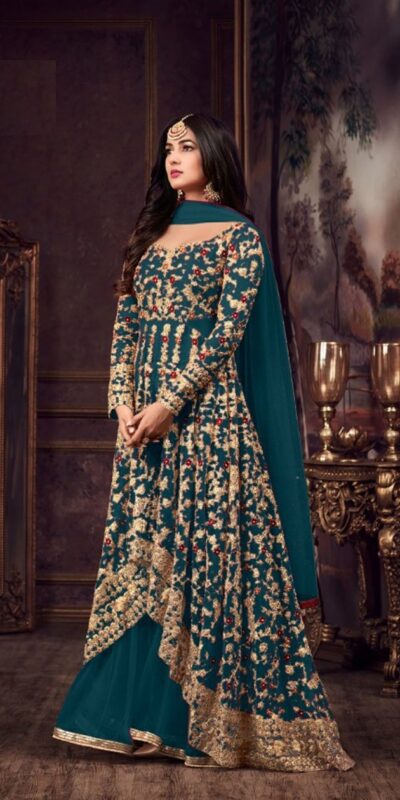Maisha 5608 Peacock Blue Top : Heavy Net Work : Heavy Embroidery Coding With Diamond Work Bottom : Santoon Wedding, Party, Festive @3299/- | Anarkali Suits, Bollywood Anarkali, Creative-Anarkali, Designer Anarkali, Embroidered Anarkali, Party Wear Anarkali
