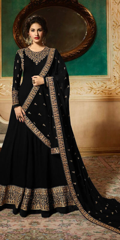 GLOSSY 9081 BLACK Color: BLACKFabrics: Top :- Heavy Georgette Embroidery work & Stone Work Dupatta:- Georgette with Embroidery Work +Stone with Lace | Anarkali Suits, Bollywood Anarkali, Creative-Anarkali, Designer Anarkali, Embroidered Anarkali, Party Wear Anarkali