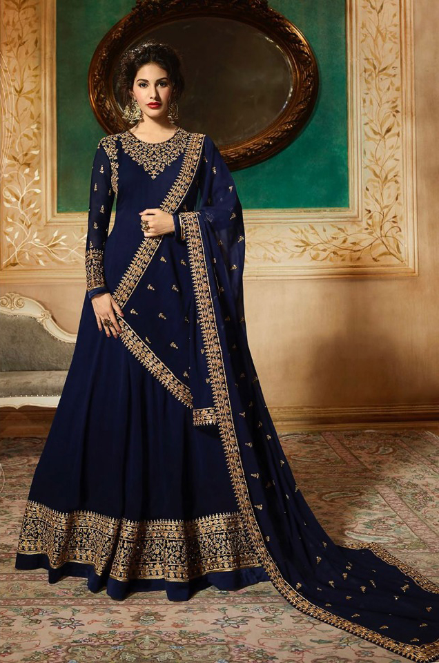 GLOSSY 9081 blueColor: blueFabrics: Top :- Heavy Georgette Embroidery Dupatta:- Georgette with Embroidery Work +Stone with Lace | Anarkali Suits, Bollywood Anarkali, Creative-Anarkali, Designer Anarkali, Embroidered Anarkali, Party Wear Anarkali