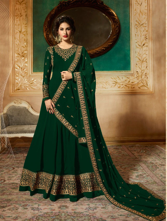 GLOSSY 9081 GreenColor: GreenFabrics: Top :- Heavy Georgette Embroidery work Dupatta:- Georgette with Embroidery Work +Stone with Lace | Anarkali Suits, Bollywood Anarkali, Creative-Anarkali, Designer Anarkali, Embroidered Anarkali, Party Wear Anarkali