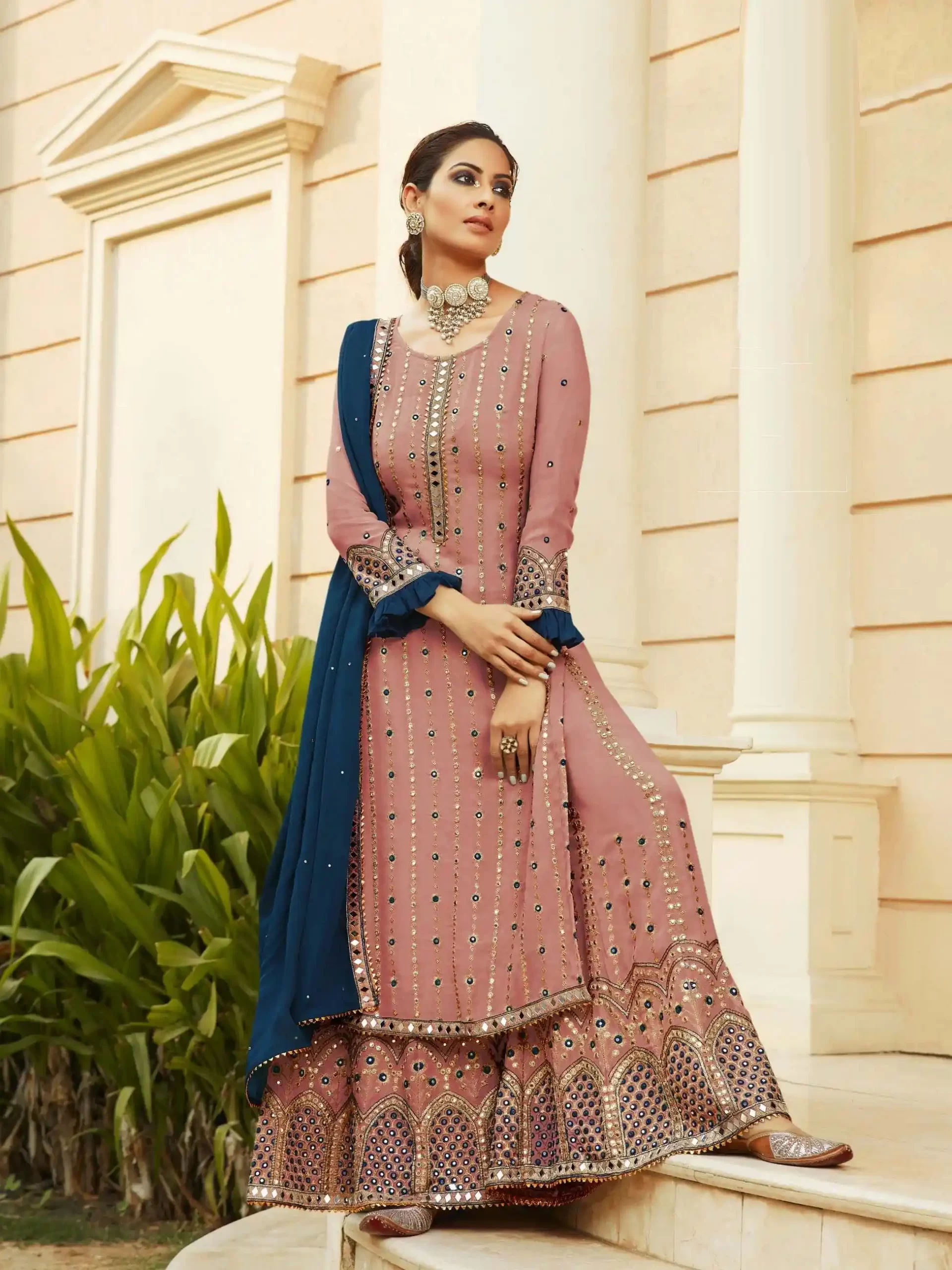 FC 9704 Peach Top : Georgette Work : Embroidery Work, Mirror Work Wedding, Festive, Events Black Georgette Embroidered Sharara @2099 | Casual Suits, Creative suits, Designer Suits, Palazzo Suits, Party Wear Suits, Salwar suit, Straight Suits