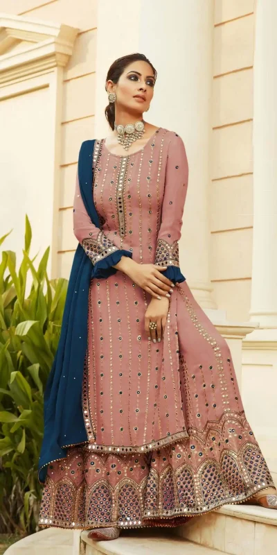 peach-georgette-embroidery-sharara-suit-with-real-mirror-work