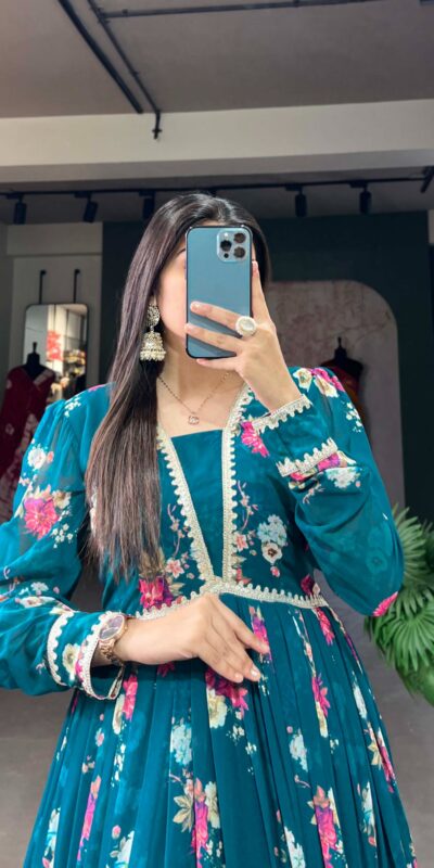 YNF 5029 Pine Green Color Exquisite Floral Georgette Printed Gown Casual, Wedding, Party, Festive, Events Etc. Expected Delivery 4-6 Working Days @1749/- | Bollywood Gowns, Creative Gowns, Designer Gowns, Embroidered Gowns, Gowns, Party Wear Gowns