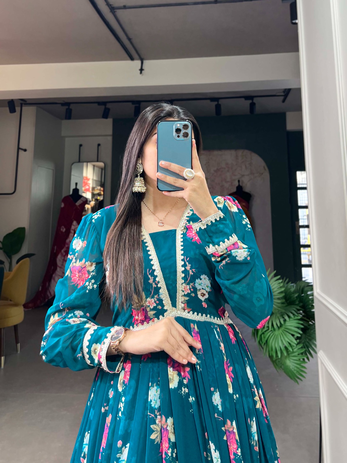 YNF 5029 Pine Green Color Exquisite Floral Georgette Printed Gown Casual, Wedding, Party, Festive, Events Etc. Expected Delivery 4-6 Working Days @1749/- | Bollywood Gowns, Creative Gowns, Designer Gowns, Embroidered Gowns, Gowns, Party Wear Gowns