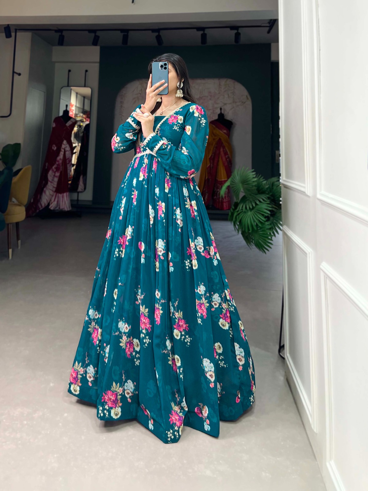 YNF 5029 Pine Green Color Exquisite Floral Georgette Printed Gown Casual, Wedding, Party, Festive, Events Etc. Expected Delivery 4-6 Working Days @1749/- | Bollywood Gowns, Creative Gowns, Designer Gowns, Embroidered Gowns, Gowns, Party Wear Gowns