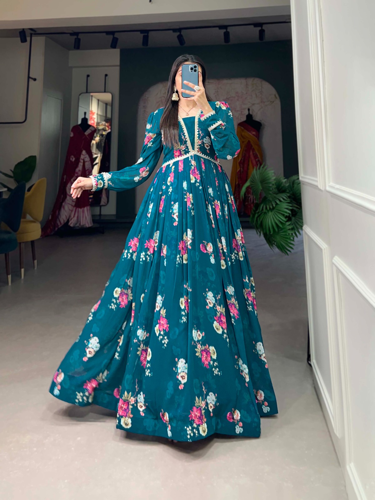 YNF 5029 Pine Green Color Exquisite Floral Georgette Printed Gown Casual, Wedding, Party, Festive, Events Etc. Expected Delivery 4-6 Working Days @1749/- | Bollywood Gowns, Creative Gowns, Designer Gowns, Embroidered Gowns, Gowns, Party Wear Gowns