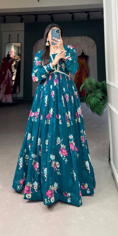 YNF 5029 Pine Green Color Exquisite Floral Georgette Printed Gown Casual, Wedding, Party, Festive, Events Etc. Expected Delivery 4-6 Working Days @1749/- | Bollywood Gowns, Creative Gowns, Designer Gowns, Embroidered Gowns, Gowns, Party Wear Gowns