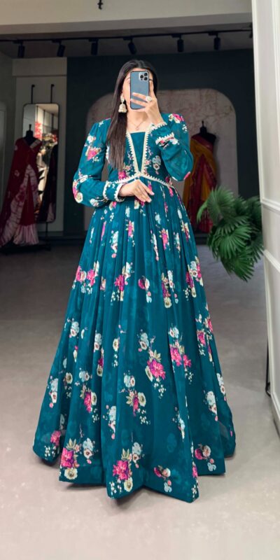  YNF 5029 Pine Green Color Exquisite Floral Georgette Printed Gown Casual, Wedding, Party, Festive, Events Etc. Expected Delivery 4-6 Working Days @1749/- | Bollywood Gowns, Creative Gowns, Designer Gowns, Embroidered Gowns, Gowns, Party Wear Gowns