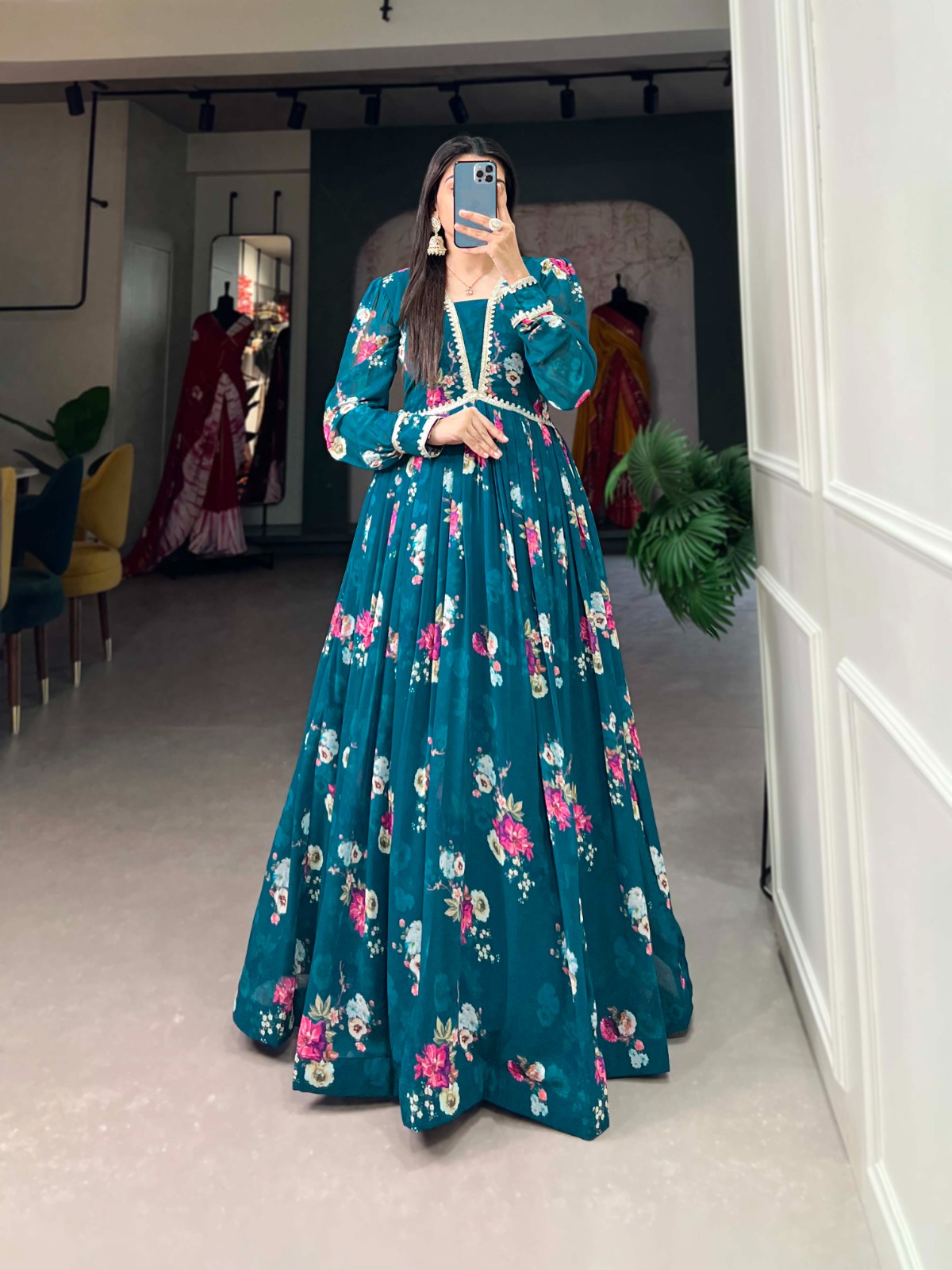 YNF 5029 Pine Green Color Exquisite Floral Georgette Printed Gown Casual, Wedding, Party, Festive, Events Etc. Expected Delivery 4-6 Working Days @1749/- | Bollywood Gowns, Creative Gowns, Designer Gowns, Embroidered Gowns, Gowns, Party Wear Gowns