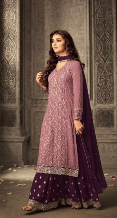 Pink-Wine Faux Georgette Embroidery & Stone Work Sharara Suit