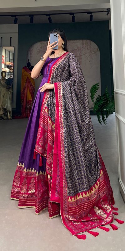 YNF 5007 Purple Color Tussar Silk Print With Foil Printed Gown Casual, Wedding, Party, Festive, Events Etc. Expected Delivery 4-6 Working Days @2049/- | Bollywood Gowns, Creative Gowns, Designer Gowns, Embroidered Gowns, Gowns, Party Wear Gowns