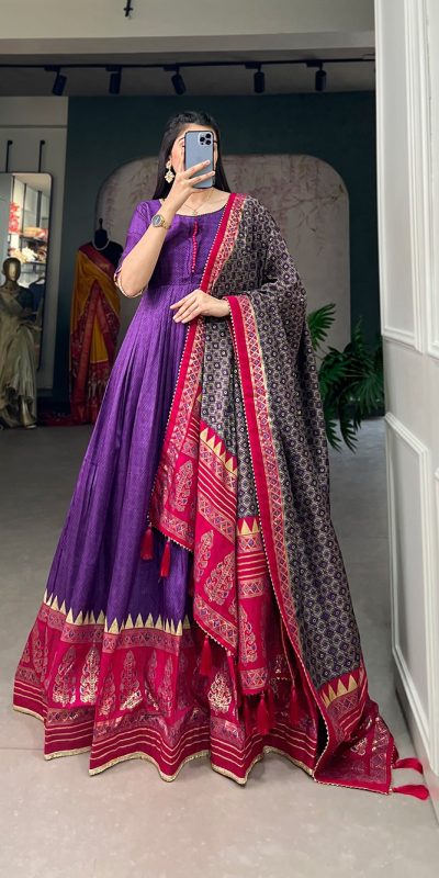 YNF 5007 Purple Color Tussar Silk Print With Foil Printed Gown Casual, Wedding, Party, Festive, Events Etc. Expected Delivery 4-6 Working Days @2049/- | Bollywood Gowns, Creative Gowns, Designer Gowns, Embroidered Gowns, Gowns, Party Wear Gowns
