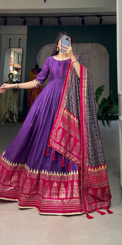 YNF 5007 Purple Color Tussar Silk Print With Foil Printed Gown Casual, Wedding, Party, Festive, Events Etc. Expected Delivery 4-6 Working Days @2049/- | Bollywood Gowns, Creative Gowns, Designer Gowns, Embroidered Gowns, Gowns, Party Wear Gowns