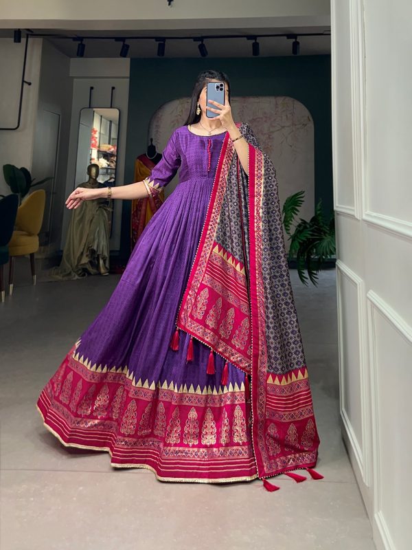 YNF 5007 Purple Color Tussar Silk Print With Foil Printed Gown Casual, Wedding, Party, Festive, Events Etc. Expected Delivery 4-6 Working Days @2049/- | Bollywood Gowns, Creative Gowns, Designer Gowns, Embroidered Gowns, Gowns, Party Wear Gowns
