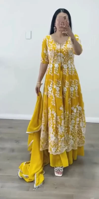 Divine Yellow Color Georgette With Heavy Embroidery Sequence Work Party Wear Gown