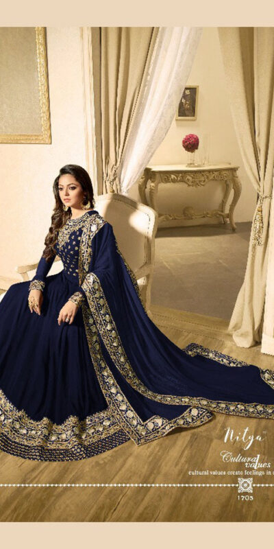 LT 1703 Blue Color: Blue Fabrics: Banglory Silk + Faux Georgette & Codding Embroidery work Dupatta:- Heavy Net + Codding and Sequine Embroidary Work | Anarkali Suits, Bollywood Anarkali, Creative-Anarkali, Designer Anarkali, Embroidered Anarkali, Party Wear Anarkali