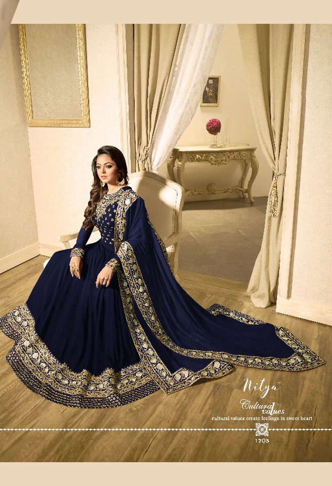 LT 1703 Blue Color: Blue Fabrics: Banglory Silk + Faux Georgette & Codding Embroidery work Dupatta:- Heavy Net + Codding and Sequine Embroidary Work | Anarkali Suits, Bollywood Anarkali, Creative-Anarkali, Designer Anarkali, Embroidered Anarkali, Party Wear Anarkali