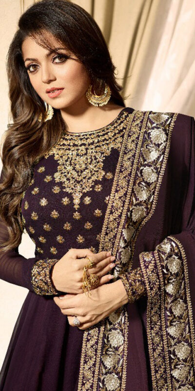 LT 1703 Brown Color: Brown Fabrics: Banglory Silk + Faux Georgette & Codding Embroidery work Dupatta:- Heavy Net + Codding and Sequine Embroidary Work | Anarkali Suits, Bollywood Anarkali, Creative-Anarkali, Designer Anarkali, Embroidered Anarkali, Party Wear Anarkali