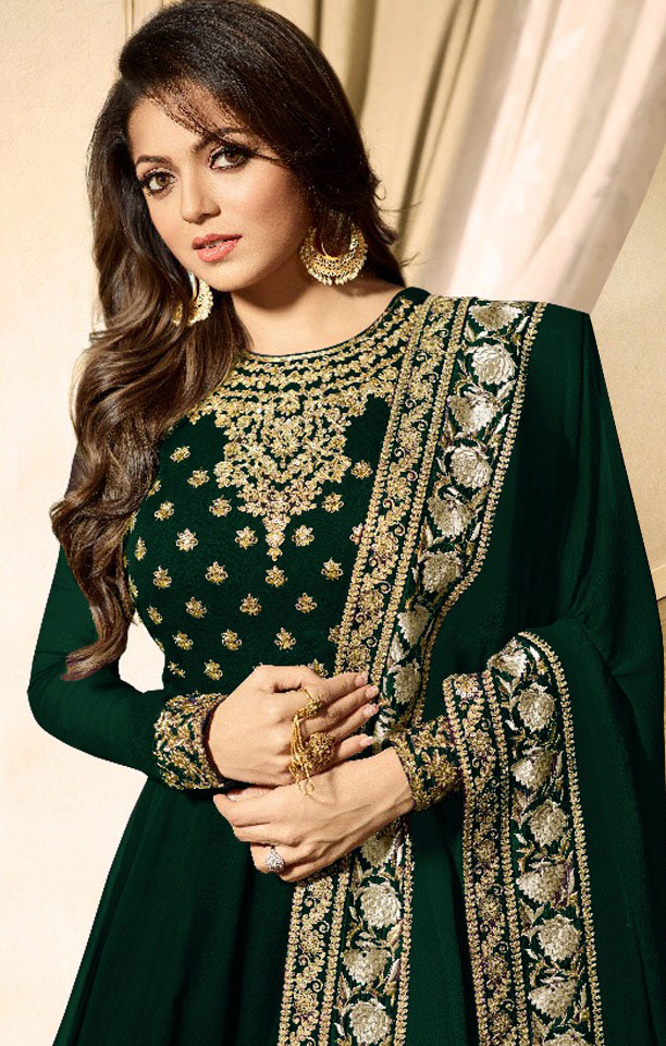LT 1703 Green Color: Green Fabrics: Banglory Silk + Faux Georgette & Codding Embroidery work Dupatta:- Heavy Net + Codding and Sequine Embroidary Work | Anarkali Suits, Bollywood Anarkali, Creative-Anarkali, Designer Anarkali, Embroidered Anarkali, Party Wear Anarkali