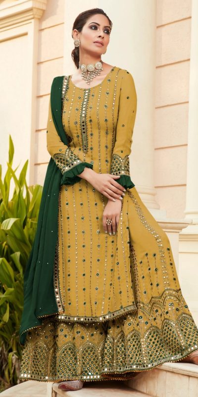Yellow Georgette Embroidered Sharara Suit With Real Mirror Work